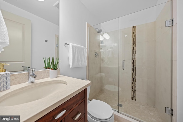 full bath featuring vanity, toilet, and a stall shower