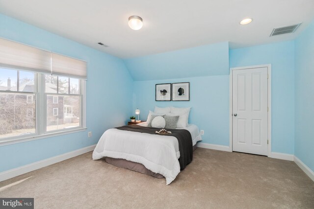 carpeted bedroom with visible vents, lofted ceiling, and baseboards