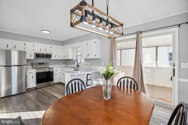 dining room featuring sink, dark hardwood / wood-style floors, and a wealth of natural light