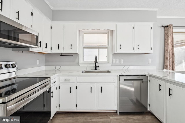 kitchen featuring stainless steel appliances, ornamental molding, sink, and white cabinets