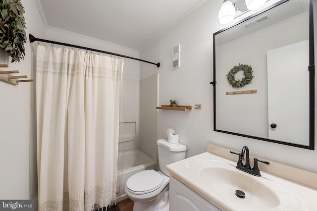 full bathroom with vanity, ornamental molding, toilet, and shower / bath combo with shower curtain