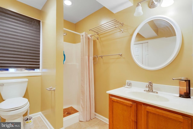 bathroom with vanity, tile patterned floors, toilet, and a shower with shower curtain