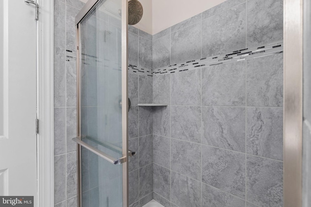 bathroom featuring a shower with shower door