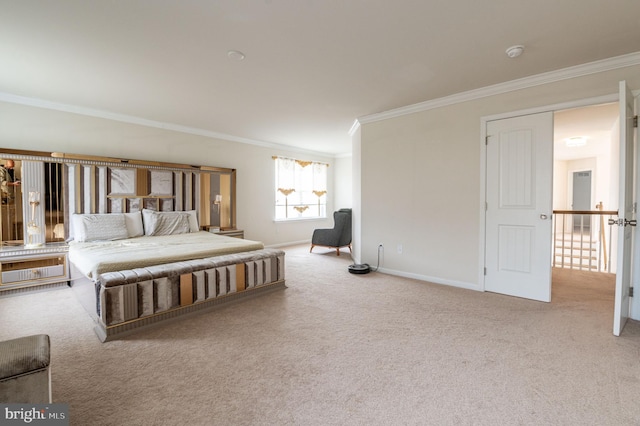 carpeted bedroom with crown molding