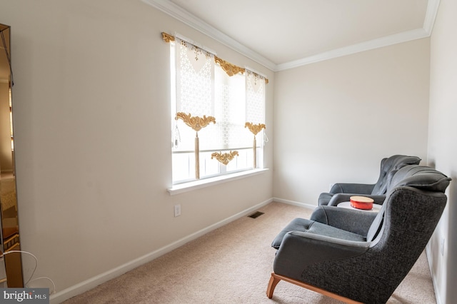 sitting room featuring crown molding and carpet floors