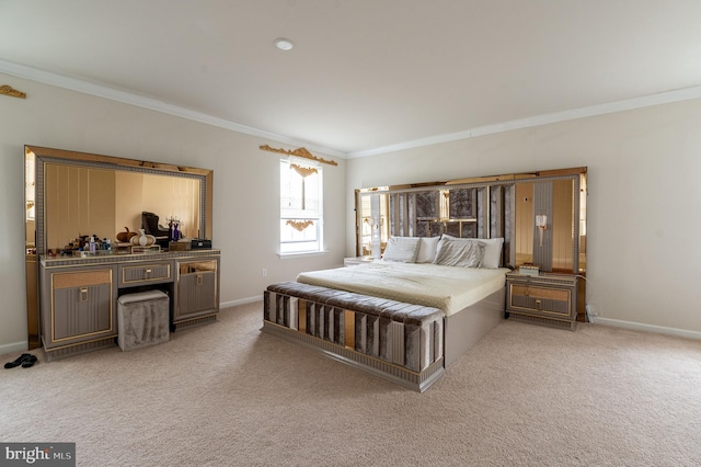 bedroom featuring crown molding and light carpet