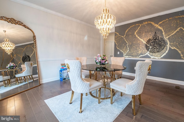 dining space with ornamental molding, a notable chandelier, and dark hardwood / wood-style flooring