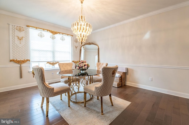 dining room with an inviting chandelier, dark wood-type flooring, and ornamental molding