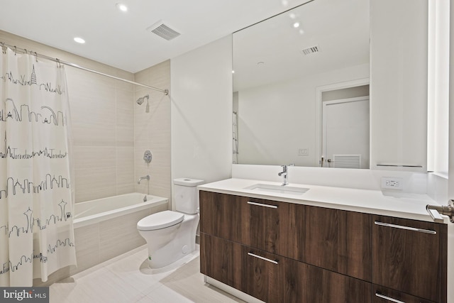 full bathroom with vanity, tile patterned floors, toilet, and shower / bathtub combination with curtain