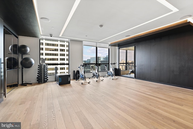 workout room featuring a wall of windows and light wood-type flooring