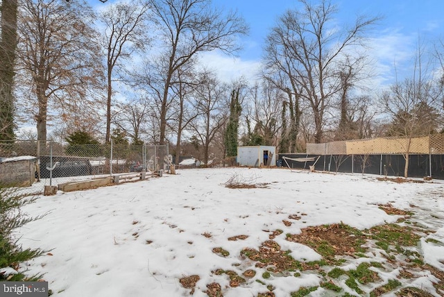 yard layered in snow with a shed