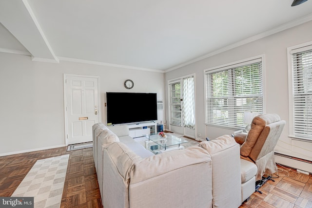 living room featuring a baseboard radiator, ornamental molding, and parquet floors