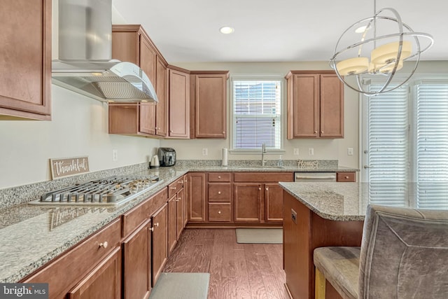 kitchen with pendant lighting, range hood, sink, stainless steel appliances, and dark wood-type flooring