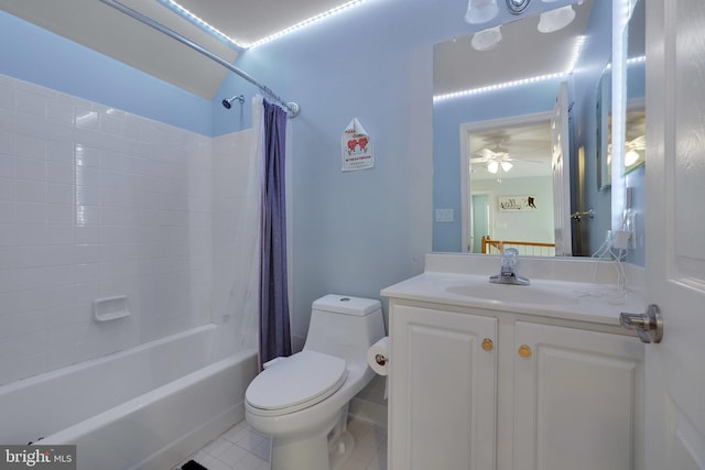 full bathroom with tile patterned floors, toilet, vanity, shower / bath combination with curtain, and ceiling fan