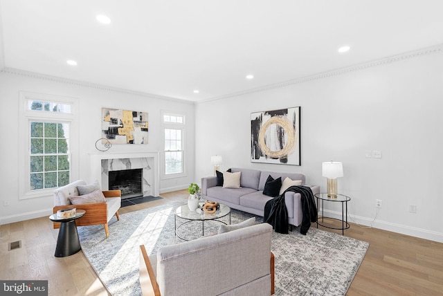 living room featuring crown molding, light hardwood / wood-style floors, a premium fireplace, and a healthy amount of sunlight