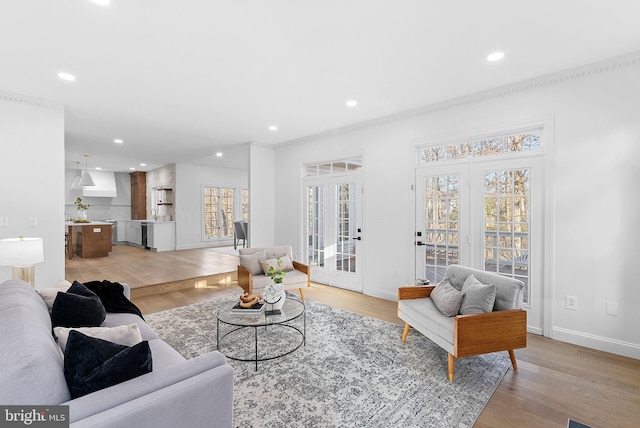 living room featuring ornamental molding and light wood-type flooring