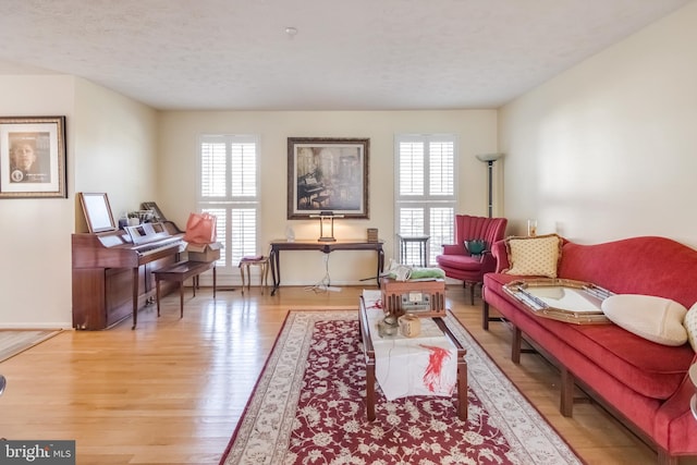 sitting room with light hardwood / wood-style floors and a textured ceiling