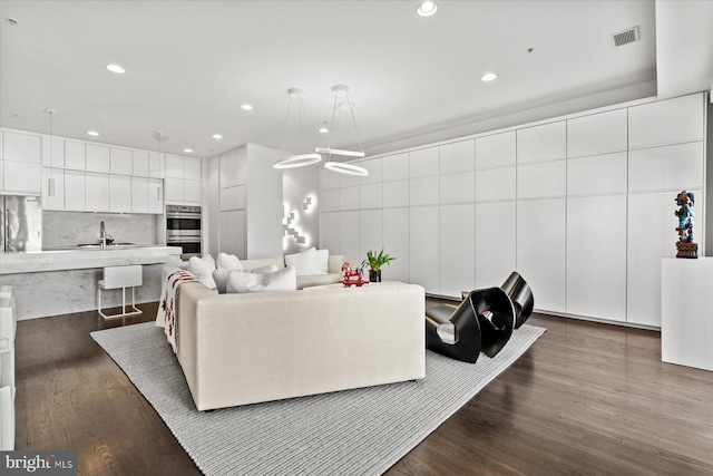 living room with sink and dark hardwood / wood-style floors