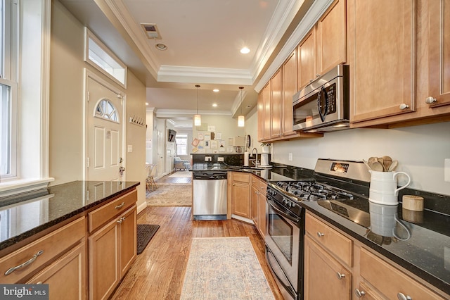 kitchen with crown molding, a raised ceiling, decorative light fixtures, dark stone countertops, and stainless steel appliances