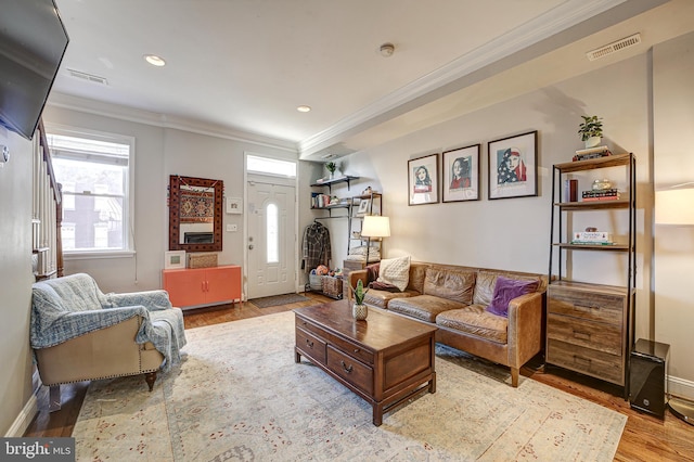 living room with light wood-type flooring and crown molding