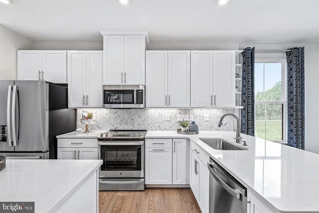 kitchen featuring sink, white cabinets, light wood-type flooring, backsplash, and stainless steel appliances