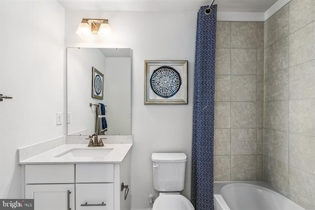 full bathroom featuring toilet, vanity, and shower / bath combination with curtain