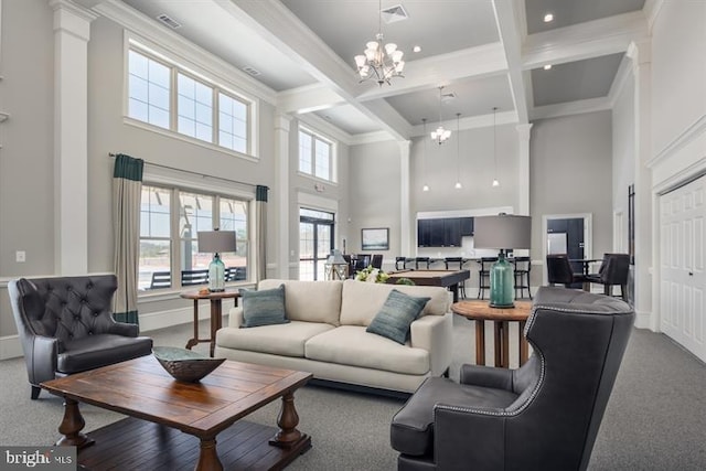 carpeted living room with crown molding, coffered ceiling, a chandelier, and beamed ceiling