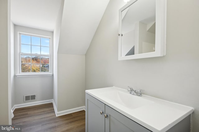 bathroom with vanity and hardwood / wood-style flooring