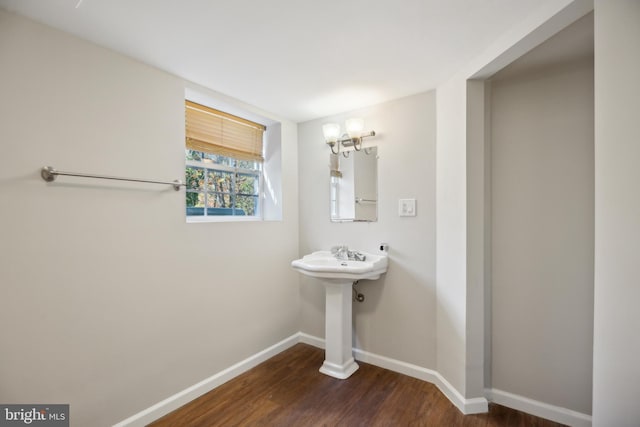 bathroom with hardwood / wood-style flooring