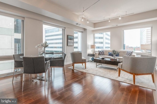 interior space featuring track lighting and dark hardwood / wood-style floors