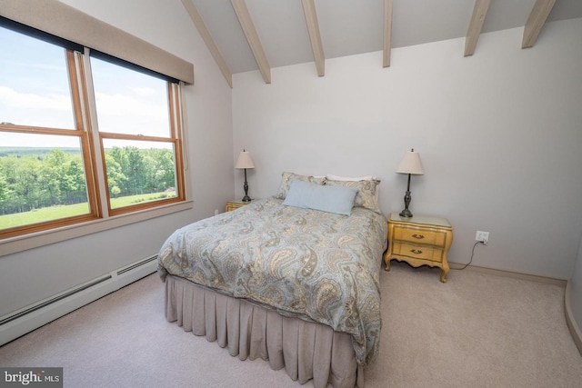 carpeted bedroom with a baseboard radiator and lofted ceiling with beams