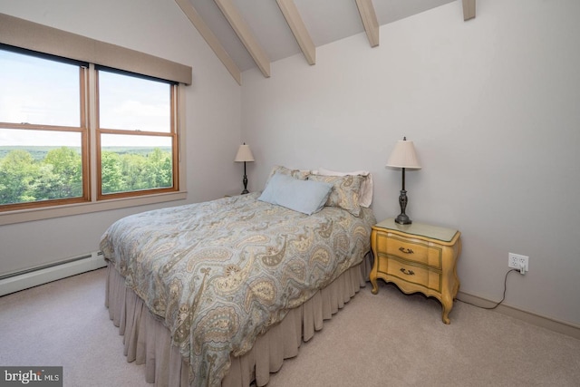 bedroom with vaulted ceiling with beams, light colored carpet, and baseboard heating