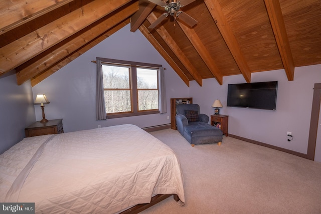 carpeted bedroom with wood ceiling and lofted ceiling with beams