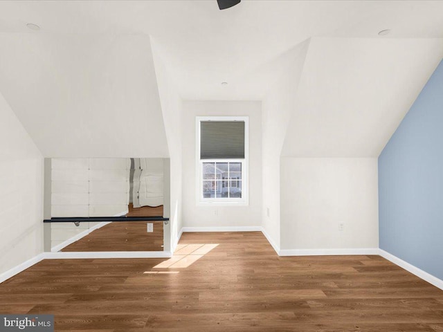 bonus room featuring wood-type flooring and vaulted ceiling