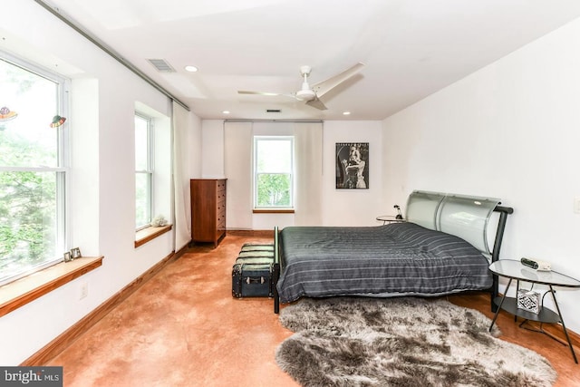 bedroom with ceiling fan, recessed lighting, visible vents, and baseboards