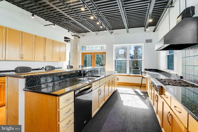 kitchen with stainless steel gas cooktop, visible vents, a sink, dishwashing machine, and extractor fan