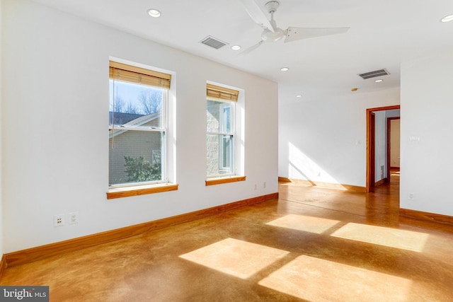 spare room with baseboards, a ceiling fan, visible vents, and recessed lighting