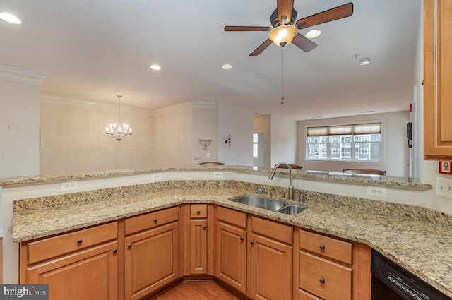 kitchen featuring sink, crown molding, light hardwood / wood-style flooring, black dishwasher, and light stone countertops