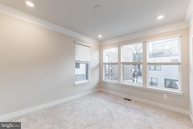 carpeted empty room featuring crown molding