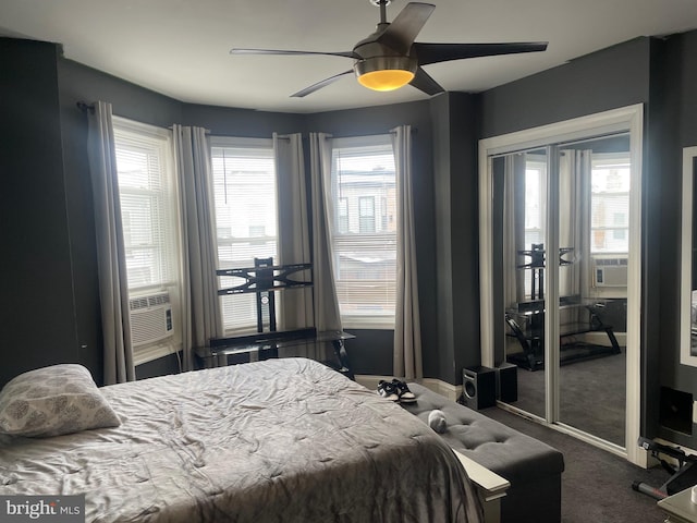 carpeted bedroom featuring access to outside, cooling unit, and ceiling fan