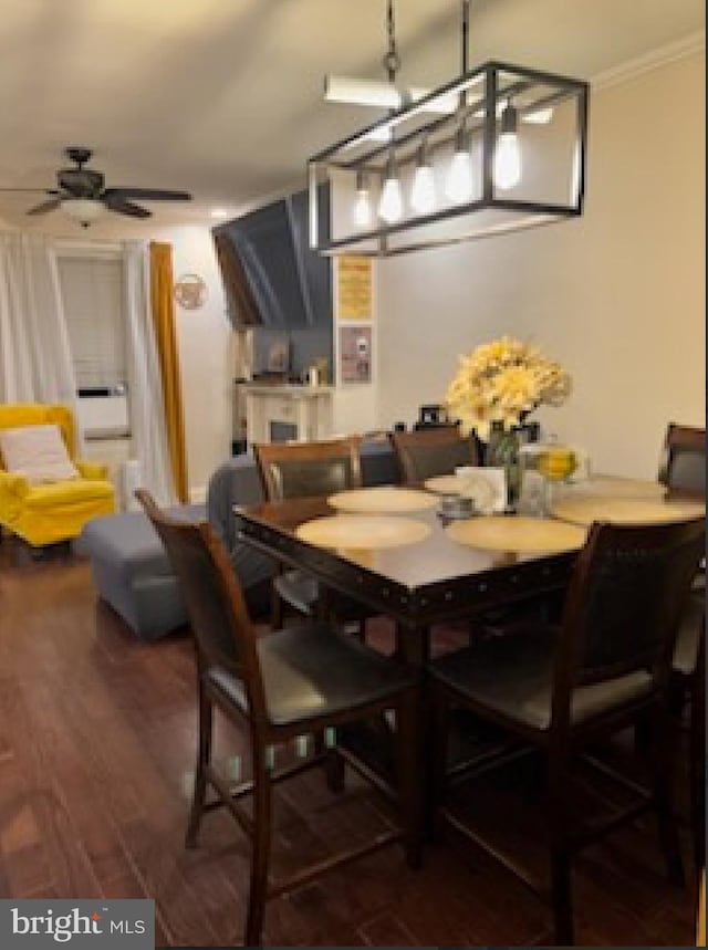 dining space with dark hardwood / wood-style floors and ceiling fan