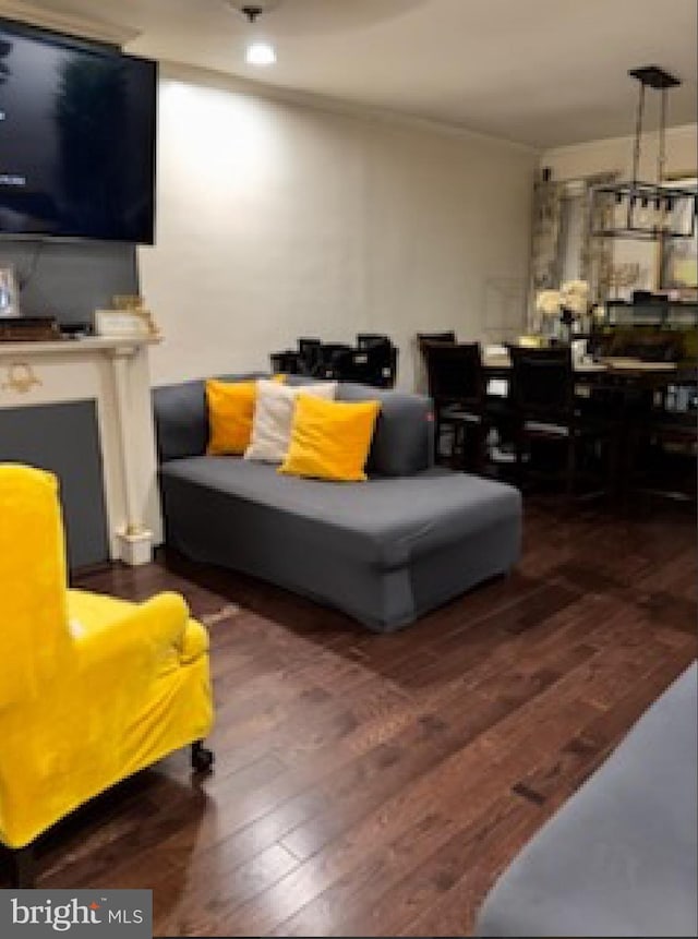 living room featuring dark wood-type flooring and crown molding