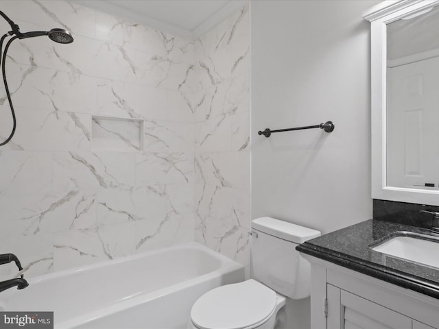 full bathroom featuring tiled shower / bath combo, vanity, ornamental molding, and toilet