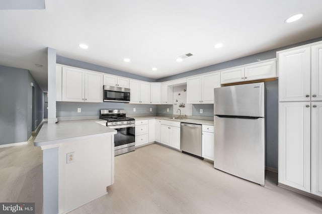 kitchen with sink, white cabinetry, appliances with stainless steel finishes, and kitchen peninsula