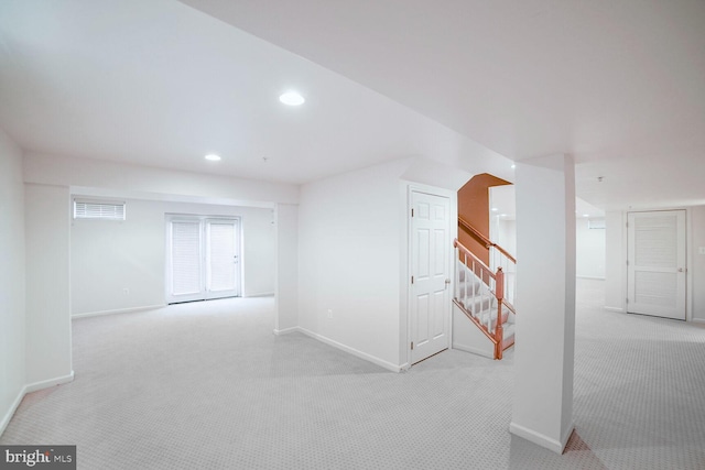 interior space with stairs, baseboards, carpet flooring, and recessed lighting