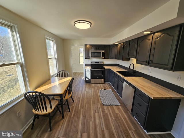 kitchen featuring wood counters, appliances with stainless steel finishes, sink, and dark hardwood / wood-style flooring