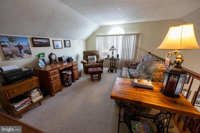 interior space featuring carpet flooring, vaulted ceiling, and a textured ceiling