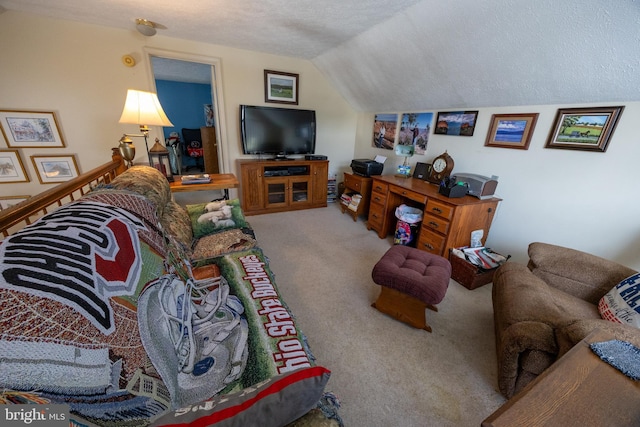 living room featuring light carpet, vaulted ceiling, and a textured ceiling