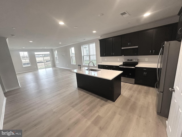 kitchen with sink, light wood-type flooring, stainless steel appliances, and an island with sink