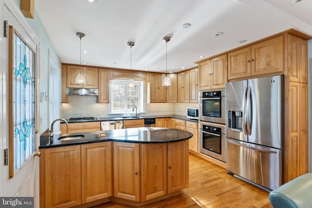 kitchen with pendant lighting, appliances with stainless steel finishes, sink, and light hardwood / wood-style flooring